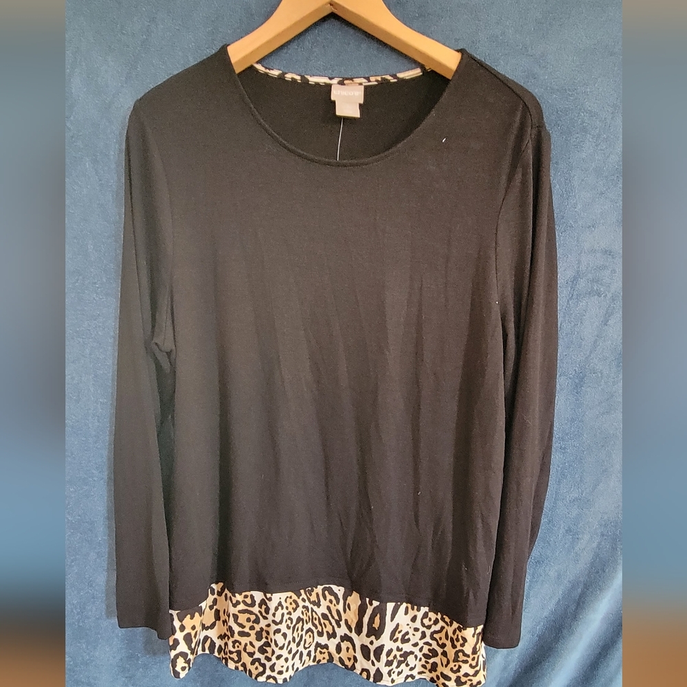 Chico's Black Top with Leopard Print Hem
